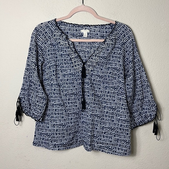 J. Crew Peasant Boho Style Tassel Details Vneck Top Blouse Blue White size 8 - Picture 1 of 9